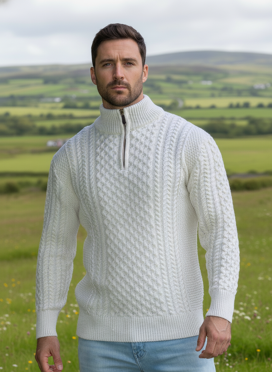Mens Aran Half Zip Neck Sweater Natural