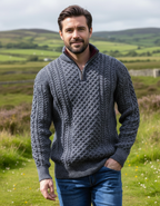 Aran Half Zip Sweater - Slate with wine collar