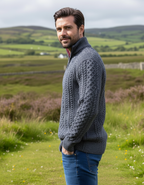 Aran Half Zip Sweater - Slate with wine collar