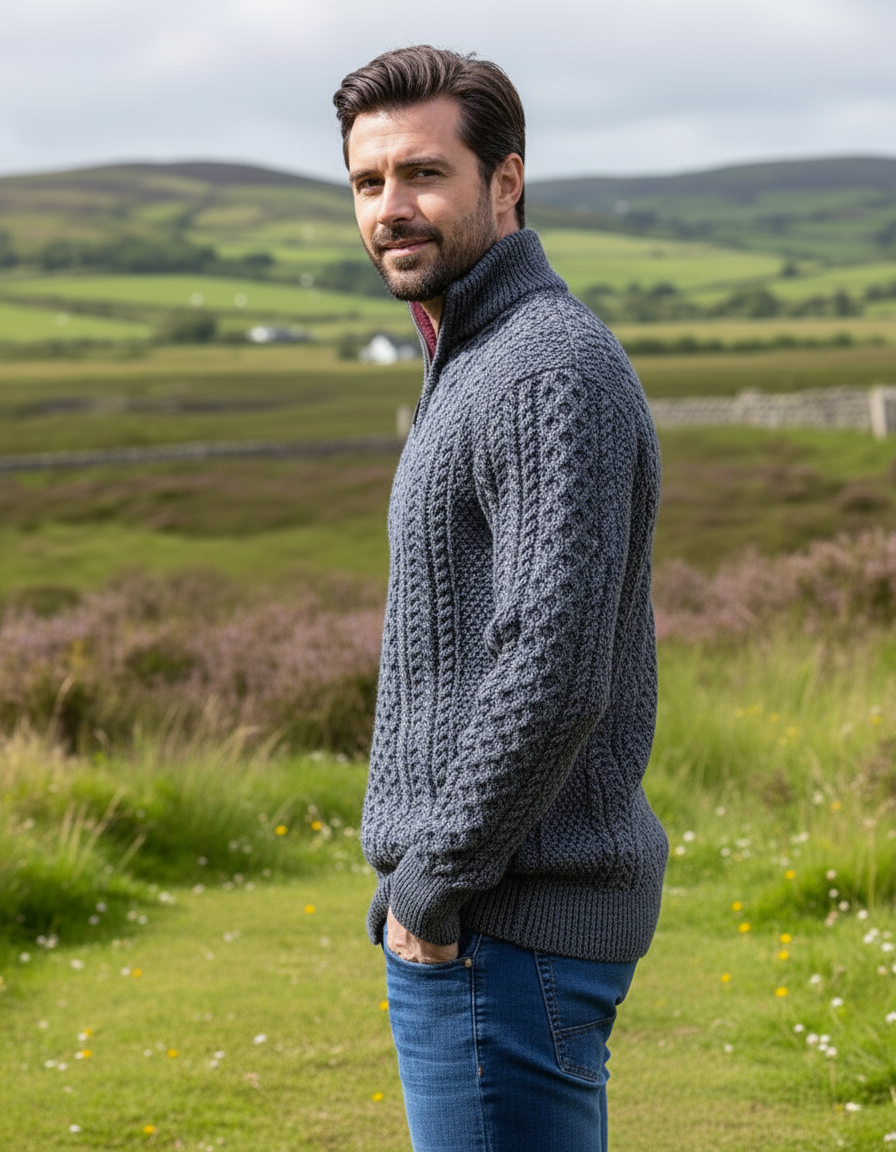 Aran Half Zip Sweater - Slate with wine collar