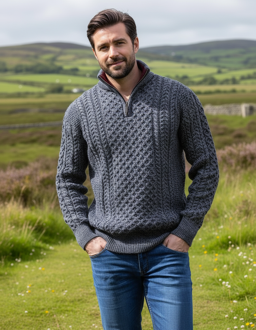 Aran Half Zip Sweater - Slate with wine collar