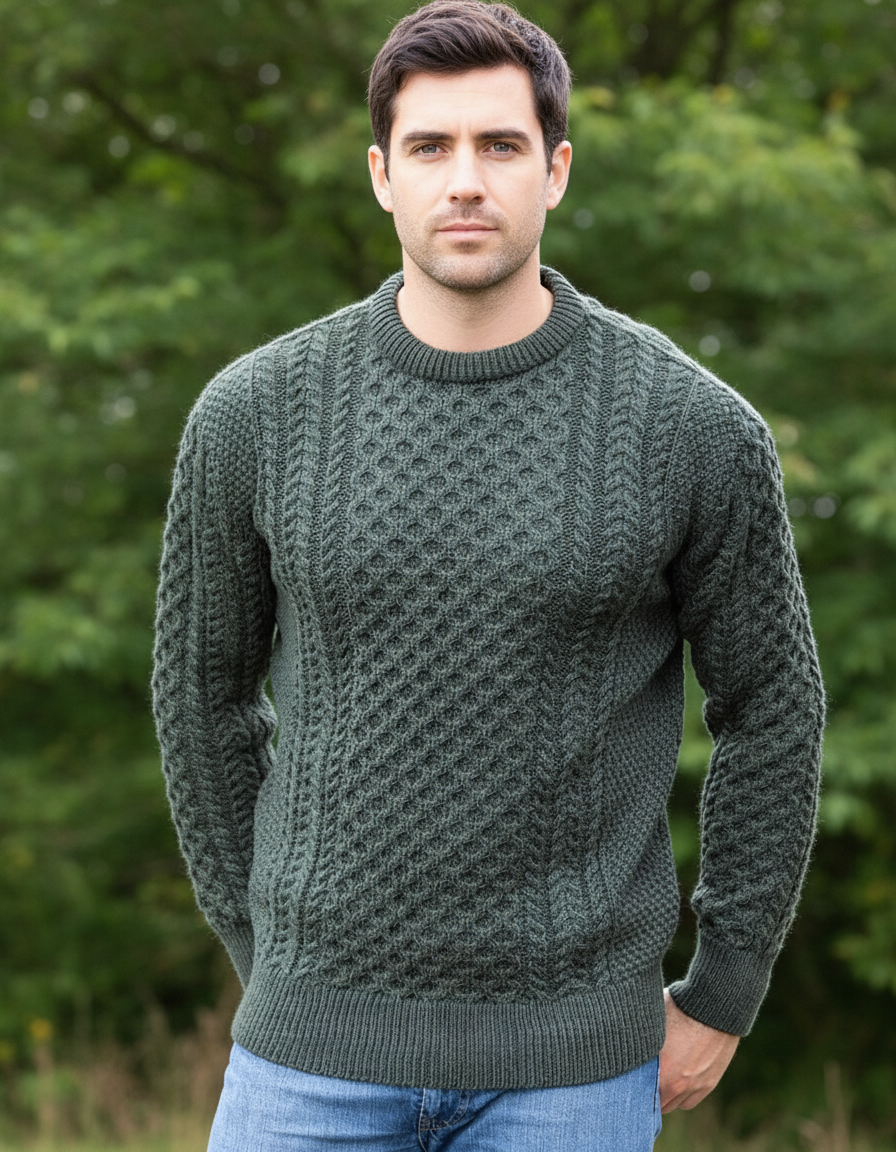 Unisex Merino Wool Aran Sweater - Army Green