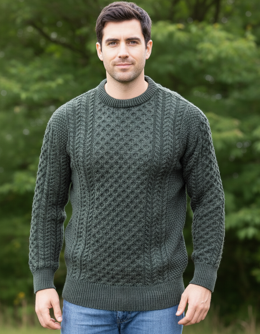 Unisex Merino Wool Aran Sweater - Army Green