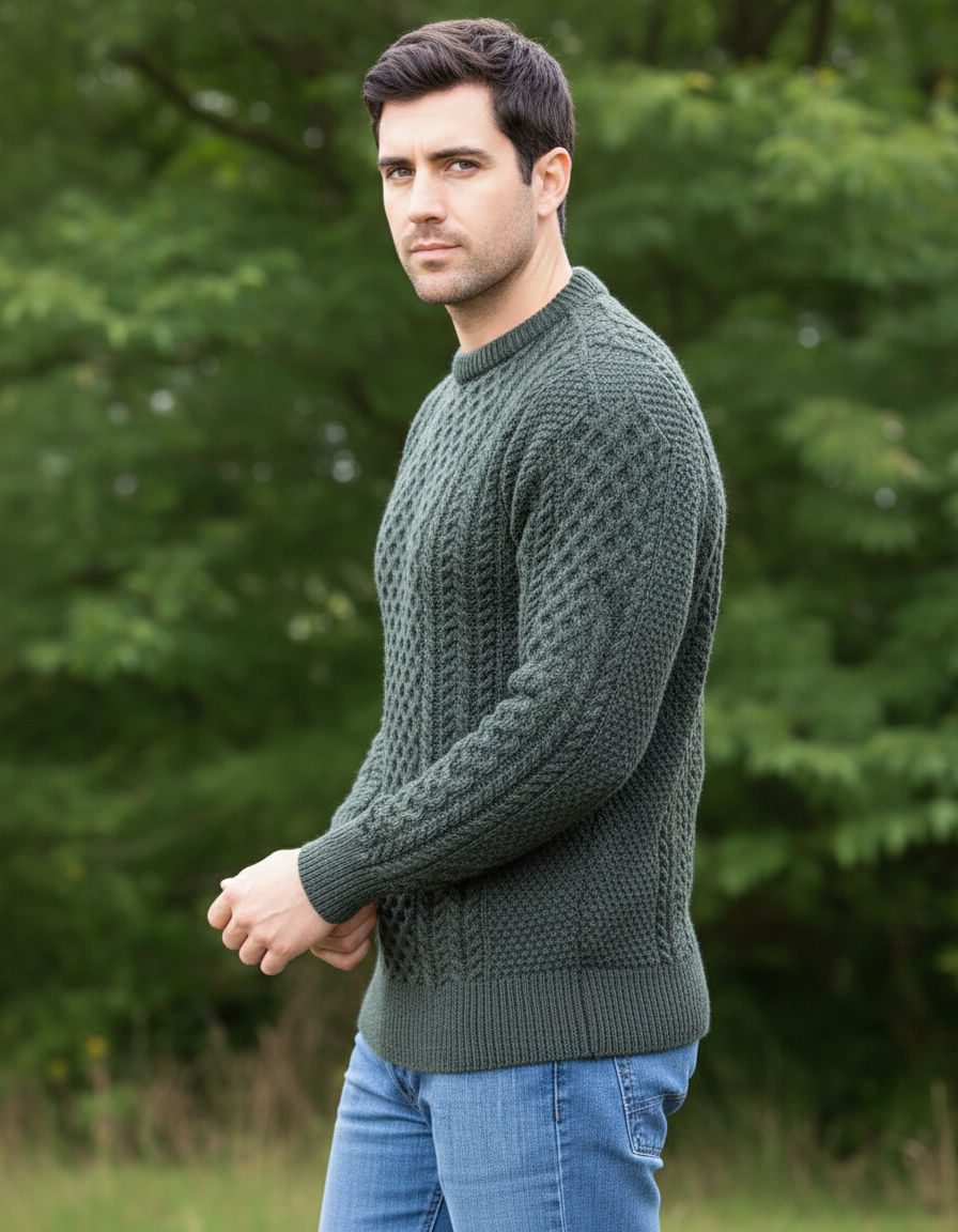 Unisex Merino Wool Aran Sweater - Army Green