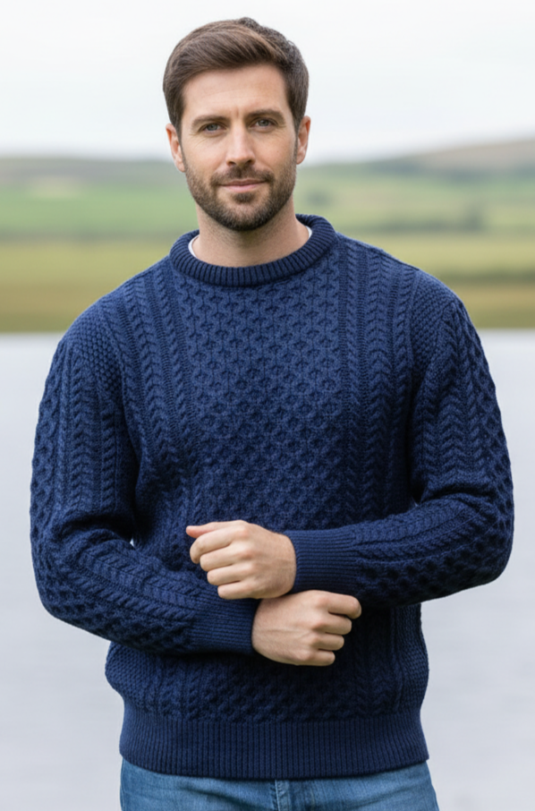 Unisex Merino Wool Aran Sweater - Deep Water Blue