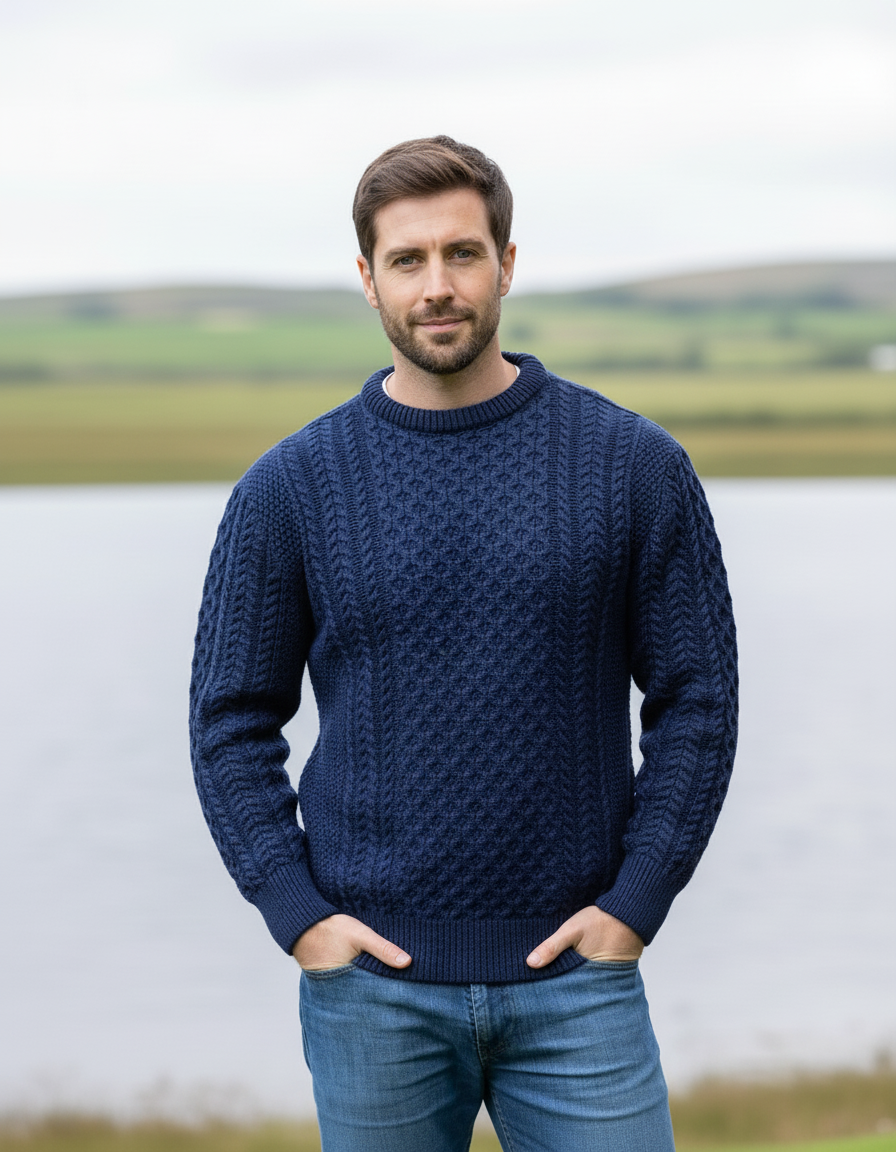Unisex Merino Wool Aran Sweater - Deep Water Blue