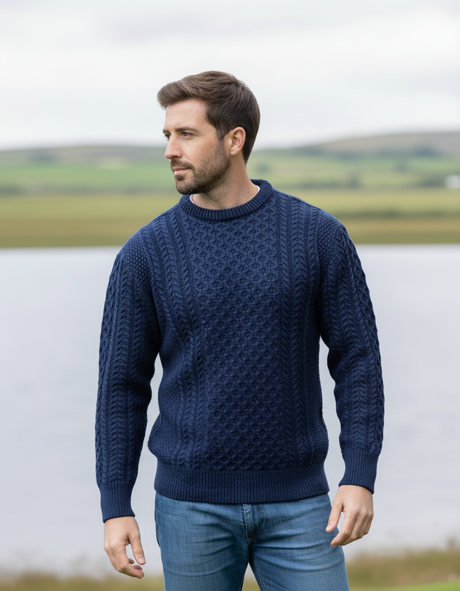 Unisex Merino Wool Aran Sweater - Deep Water Blue