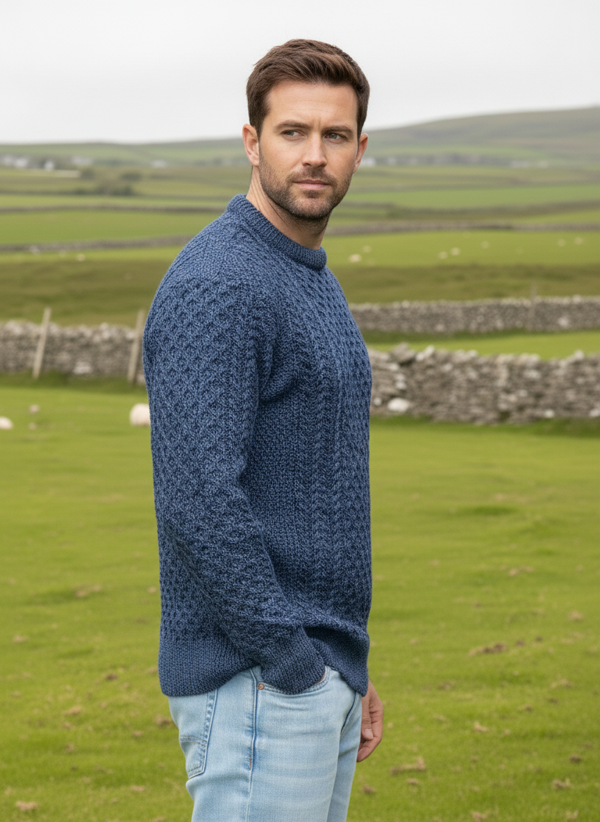 Unisex Merino Wool Aran Sweater Denim Marl