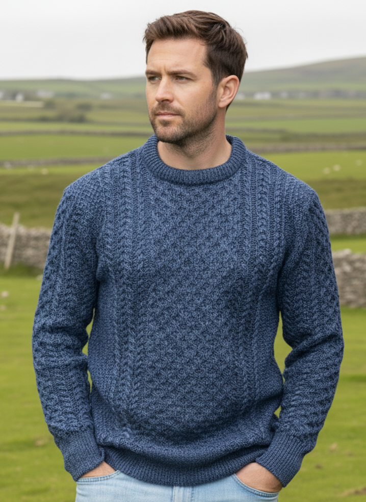 Unisex Merino Wool Aran Sweater Denim Marl