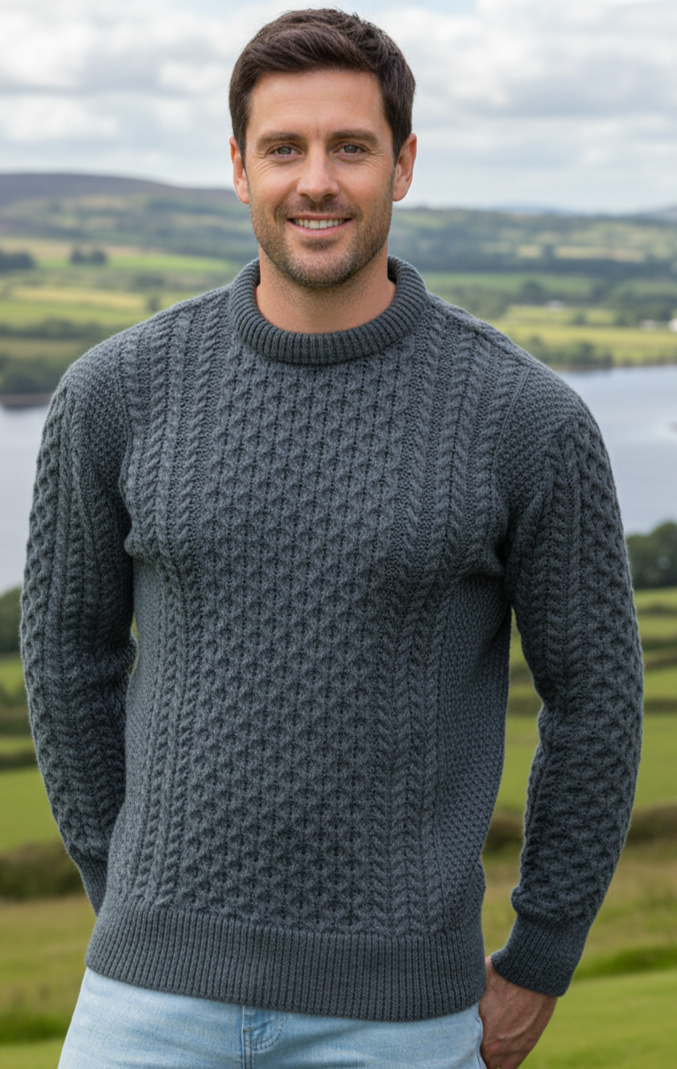 Unisex Merino Wool Aran Sweater - Slate