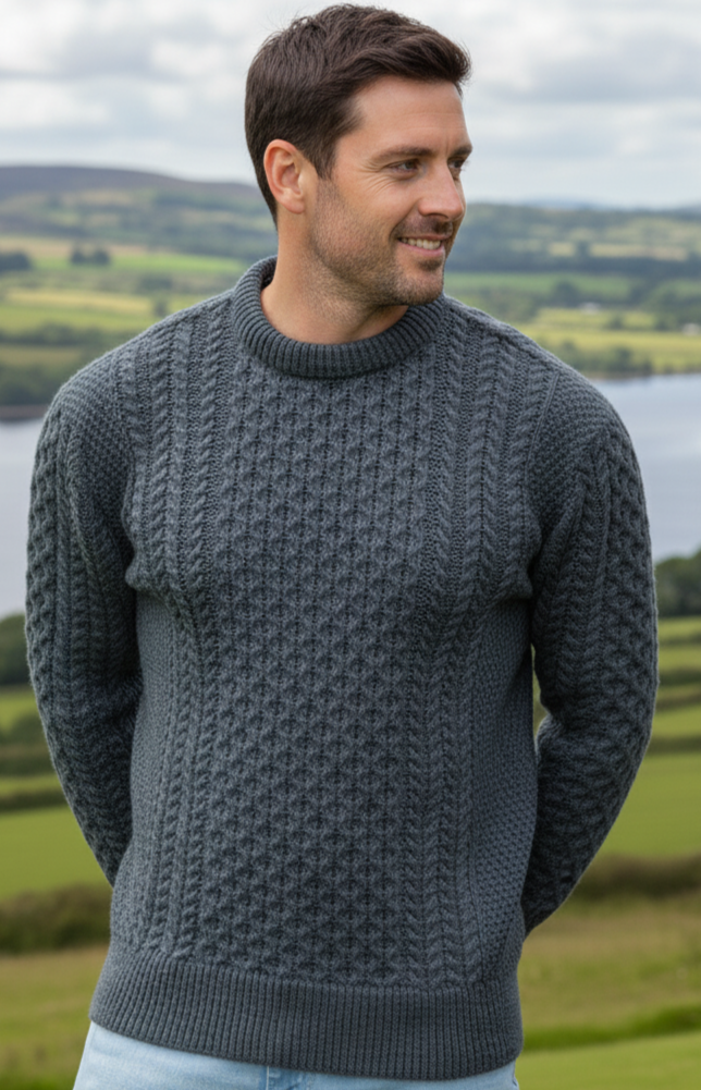 Unisex Merino Wool Aran Sweater - Slate