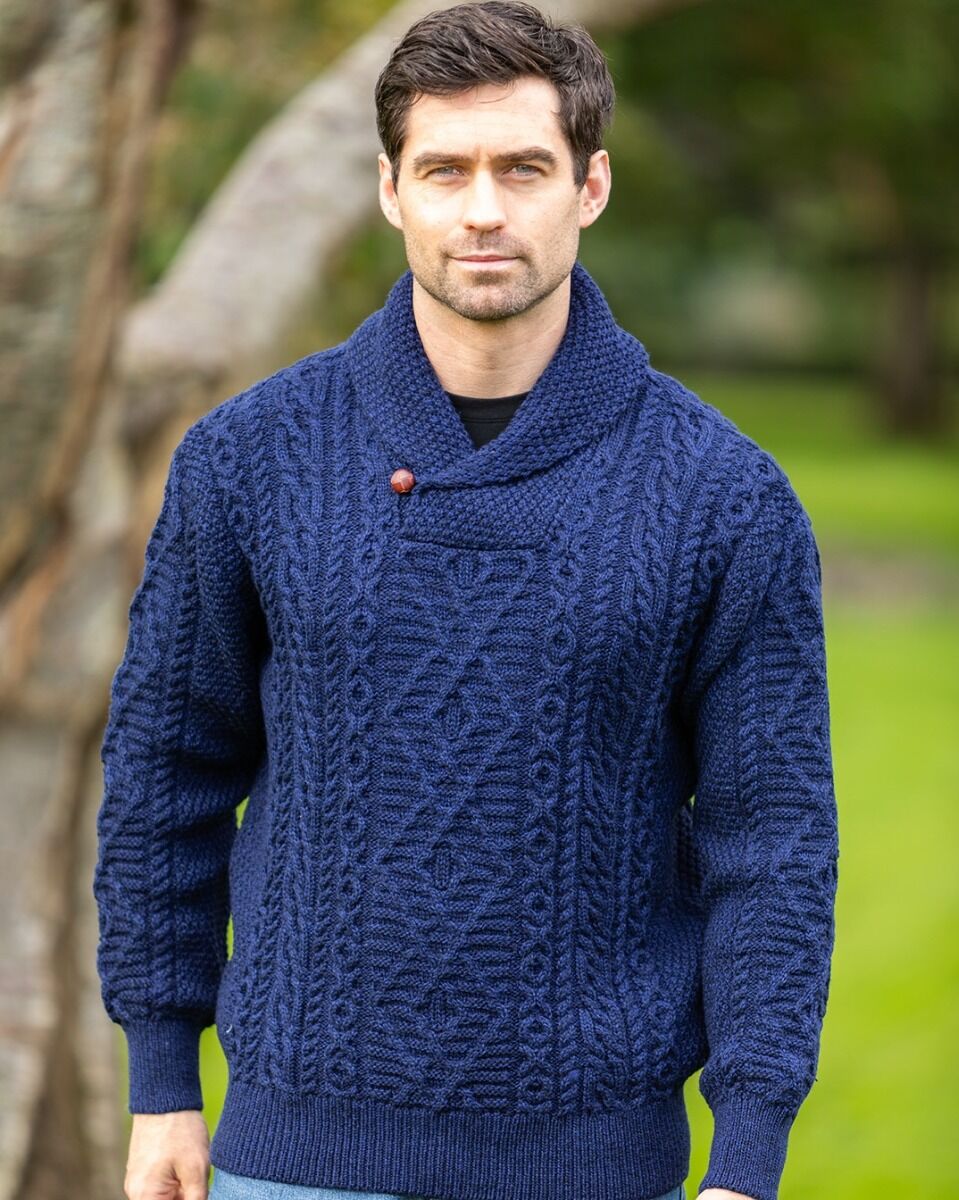 Aran Shawl Neck Sweater Deep Water Blue
