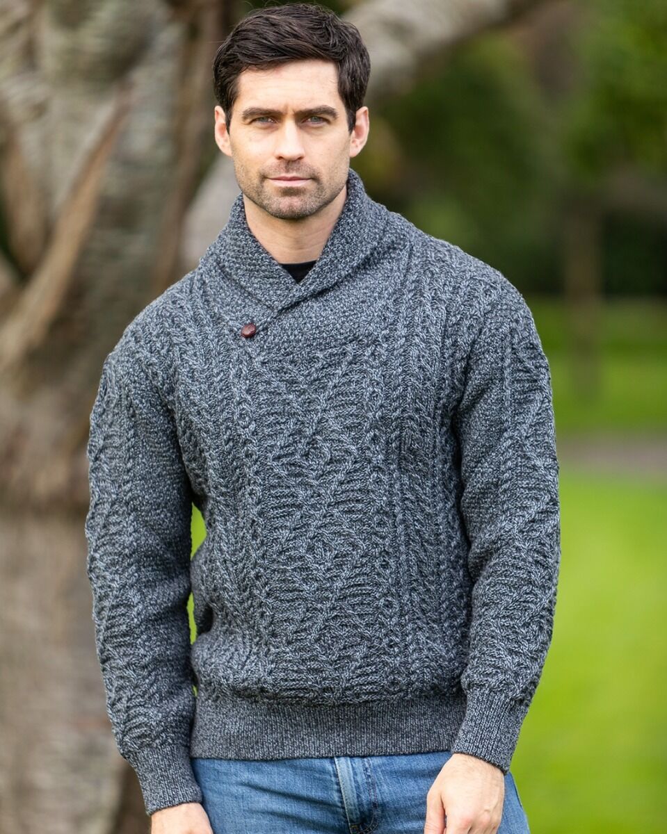 Shawl Neck Aran Sweater Slate