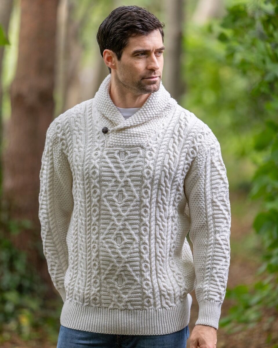 Men's Aran Shawl Neck Merino Wool Sweater