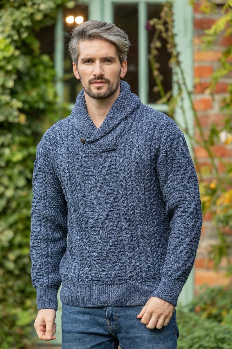 Aran Shawl Neck Sweater Denim