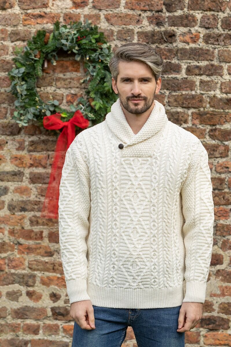 Men's Aran Shawl Neck Merino Wool Sweater