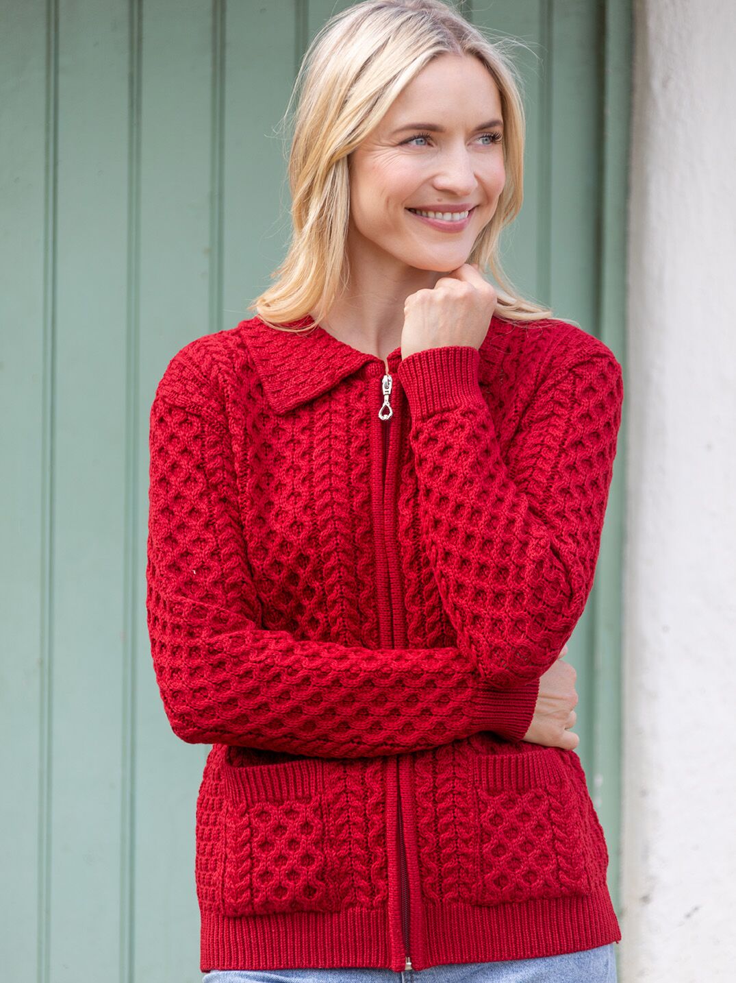 Irish Aran Zip Cardigan with Collar - Red