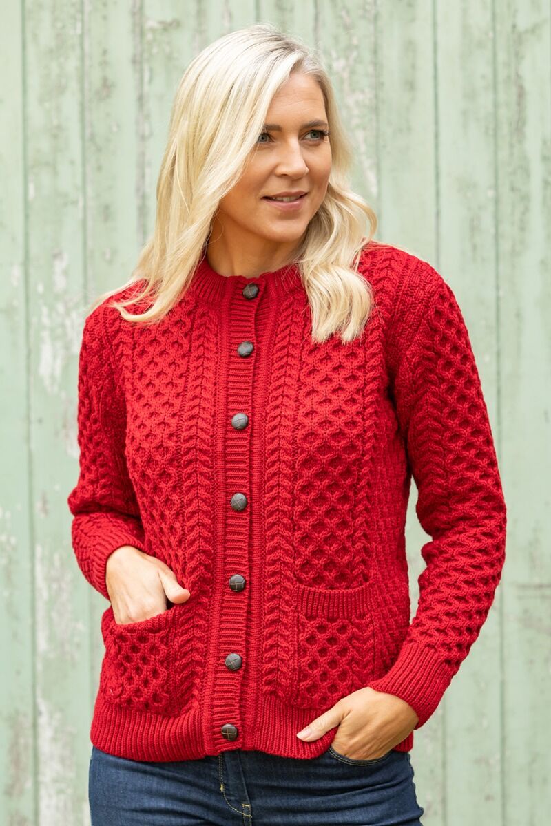 Irish Aran Cardigan Red