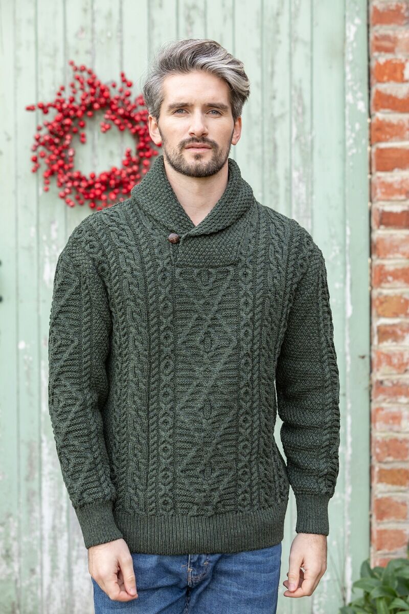 Aran Shawl Neck Sweater Army Green