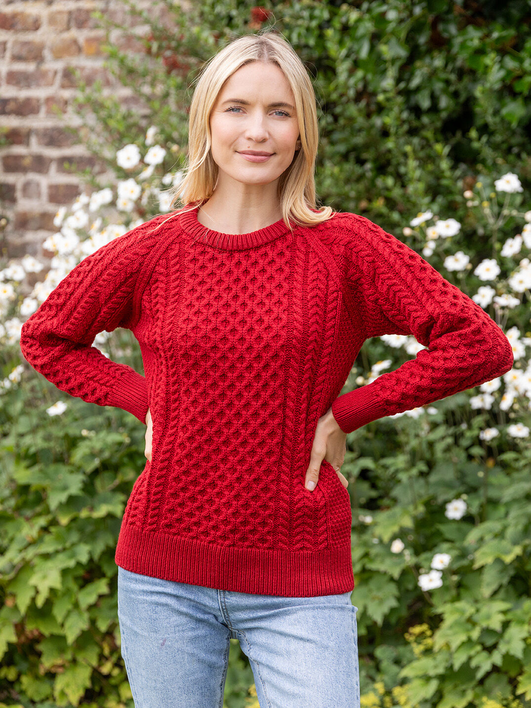 Ladies 100% Merino Wool Aran Sweater Red