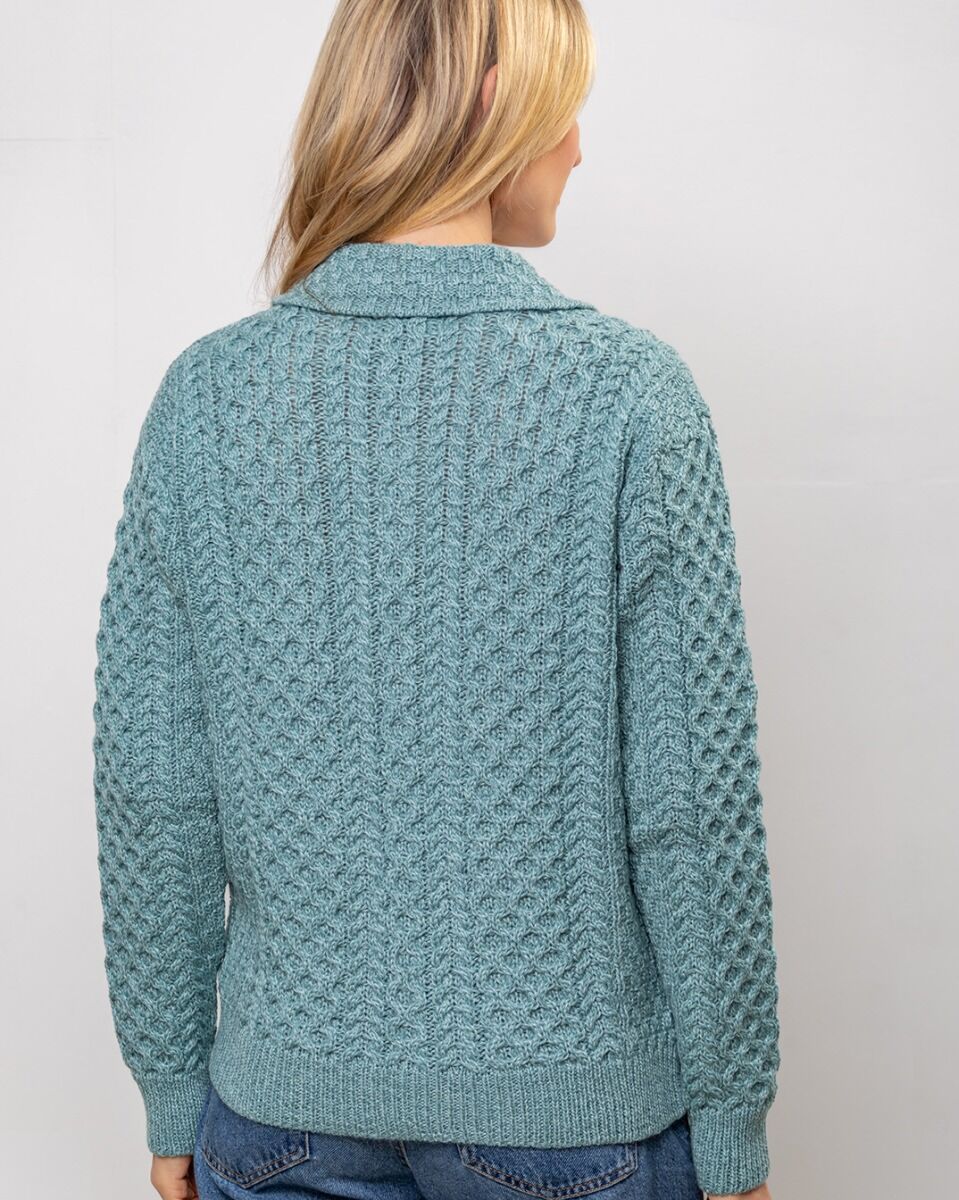 Irish Aran Cardigan with Zip - Aqua
