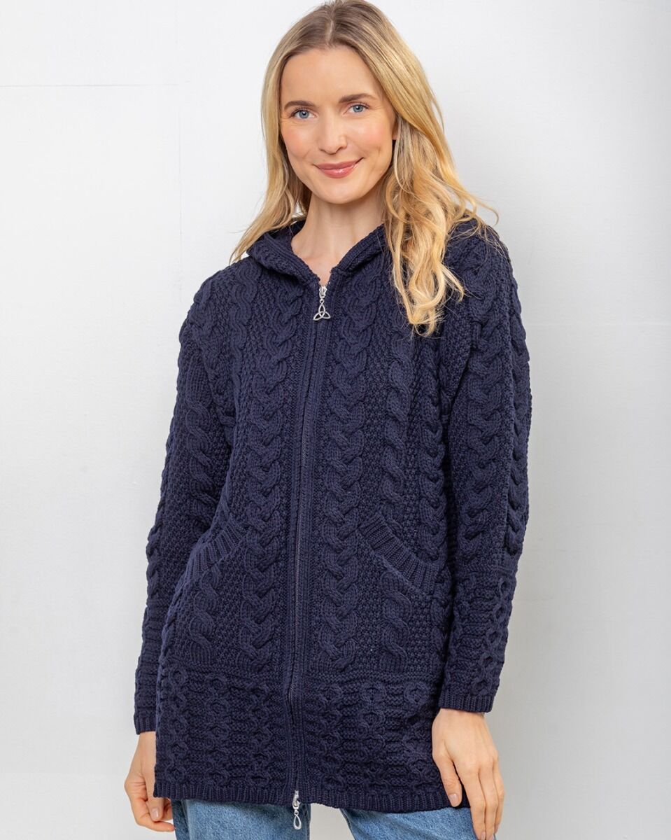 Aran Hooded Coat with Celtic Zipper Navy