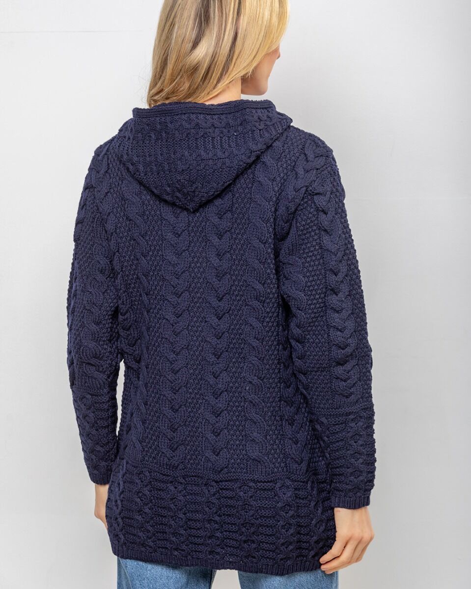 Aran Hooded Coat with Celtic Zipper Navy
