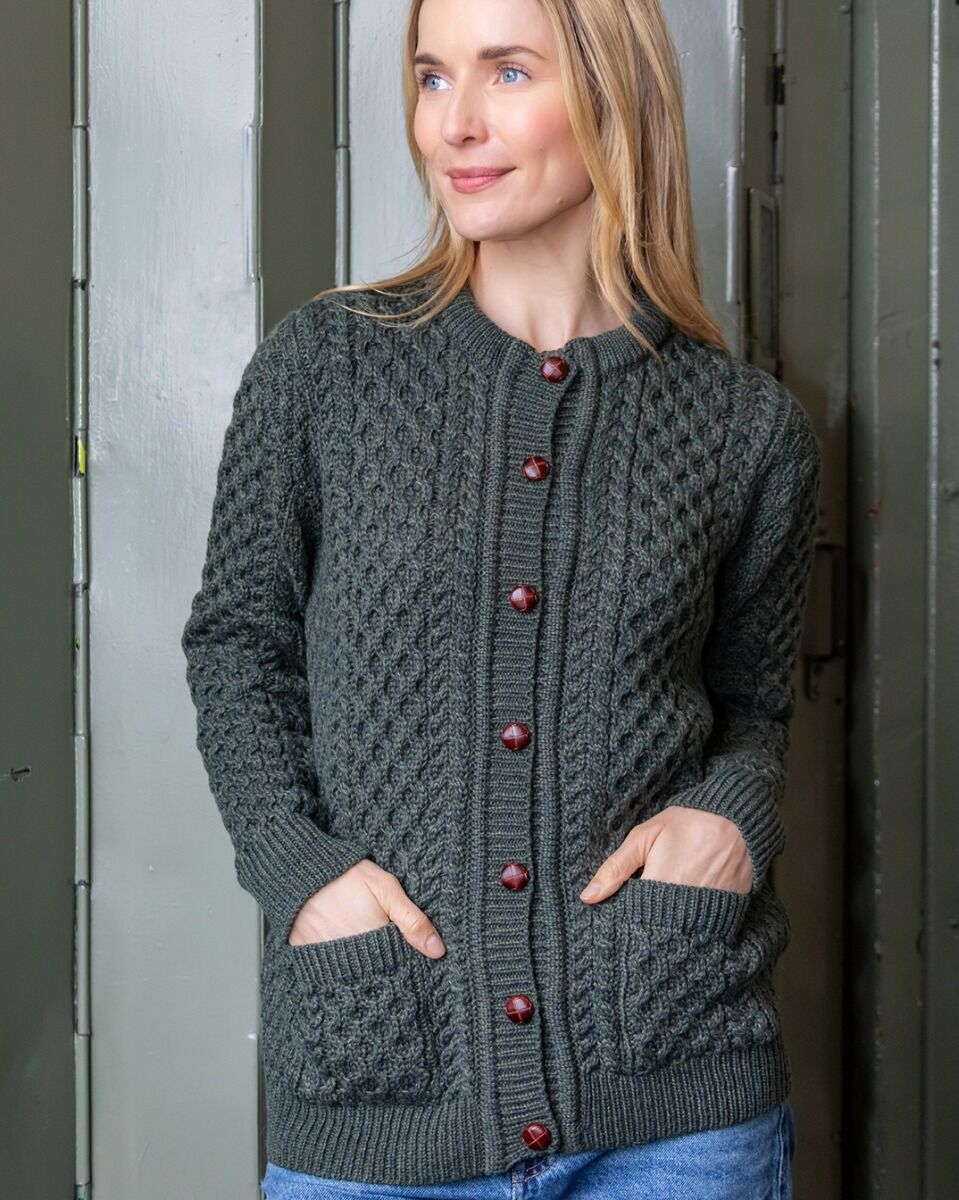 Irish Aran Cardigan Army Green