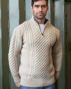 Mens Aran Half Zip Neck Sweater Beige