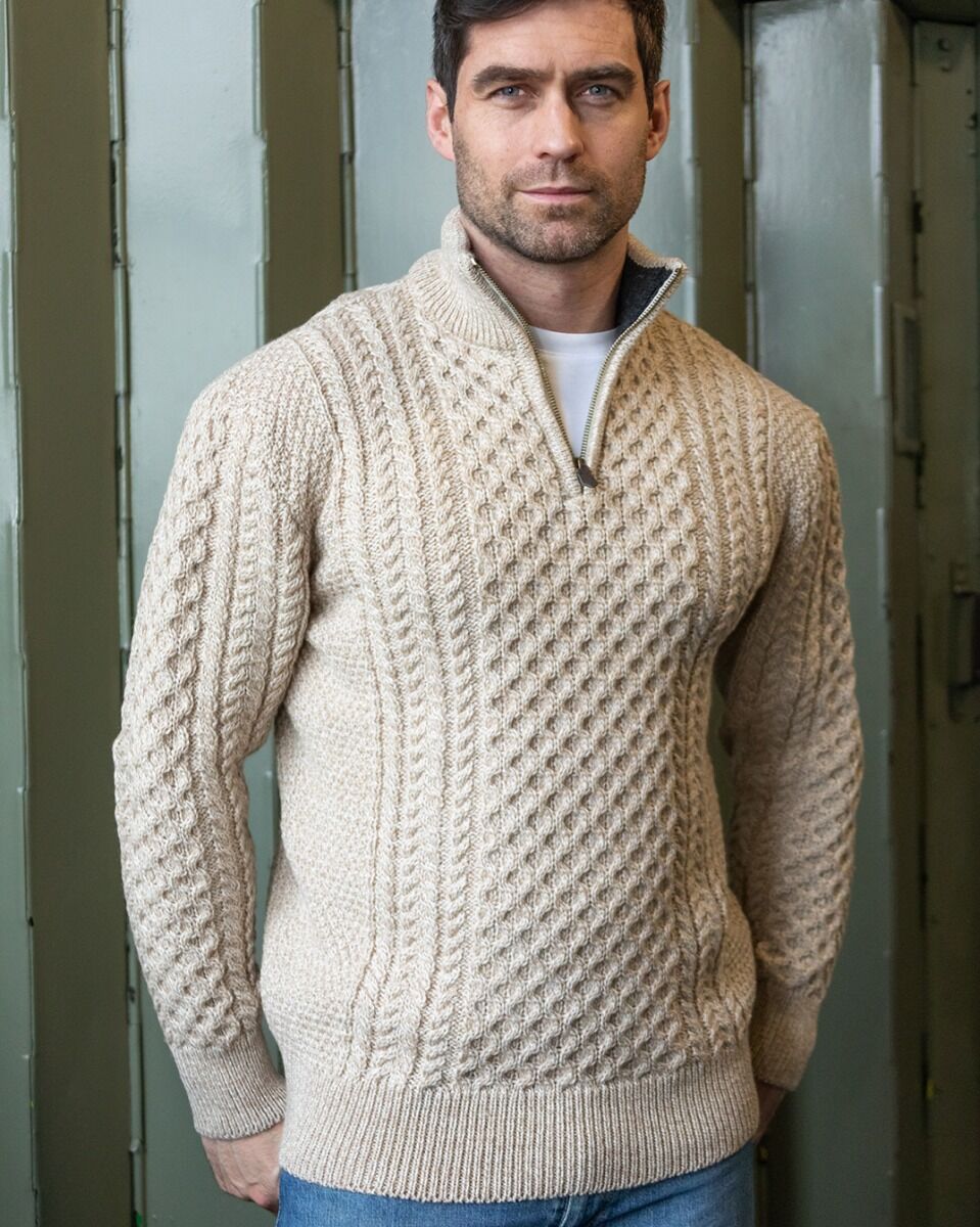 Mens Aran Half Zip Neck Sweater Beige