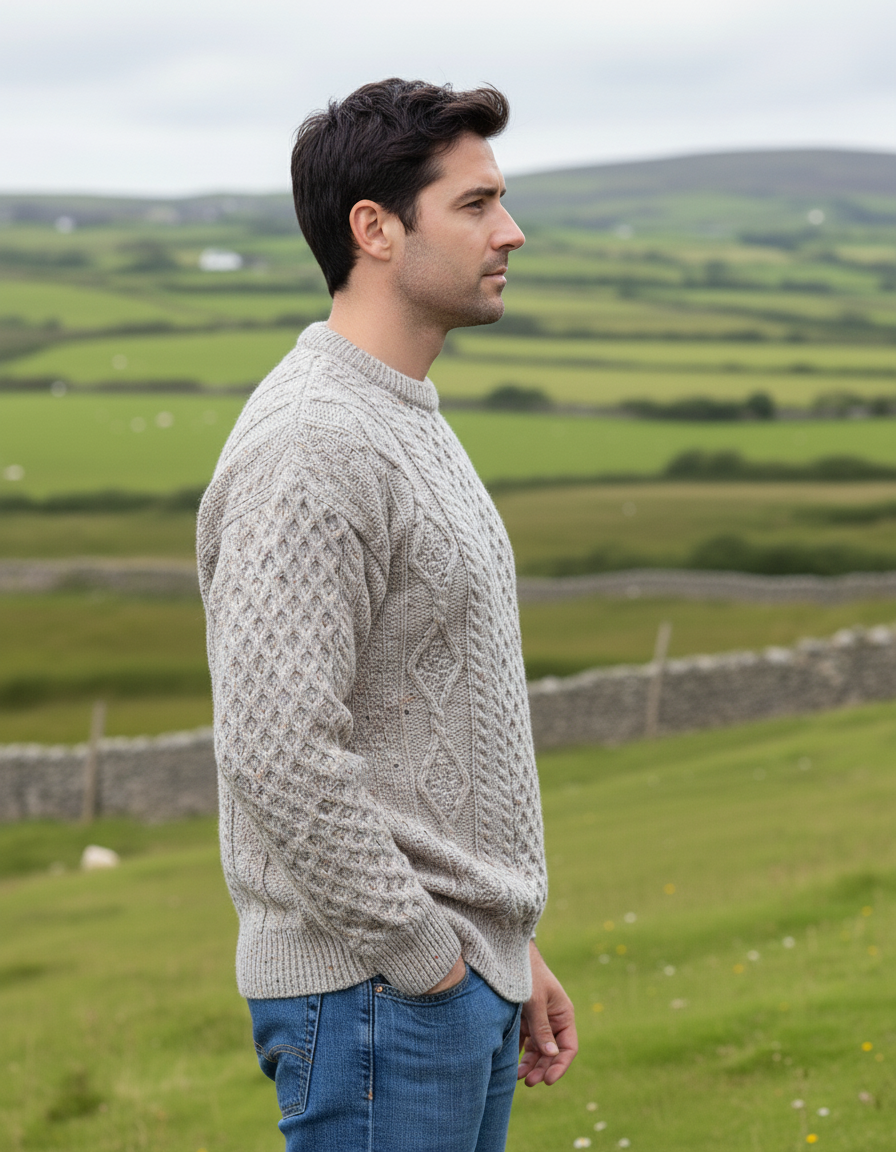 Pure Wool Unisex Aran Sweater Oatmeal Fleck