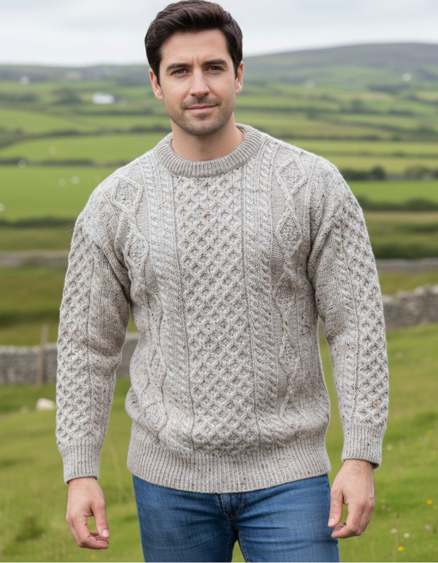 Pure Wool Unisex Aran Sweater Oatmeal Fleck