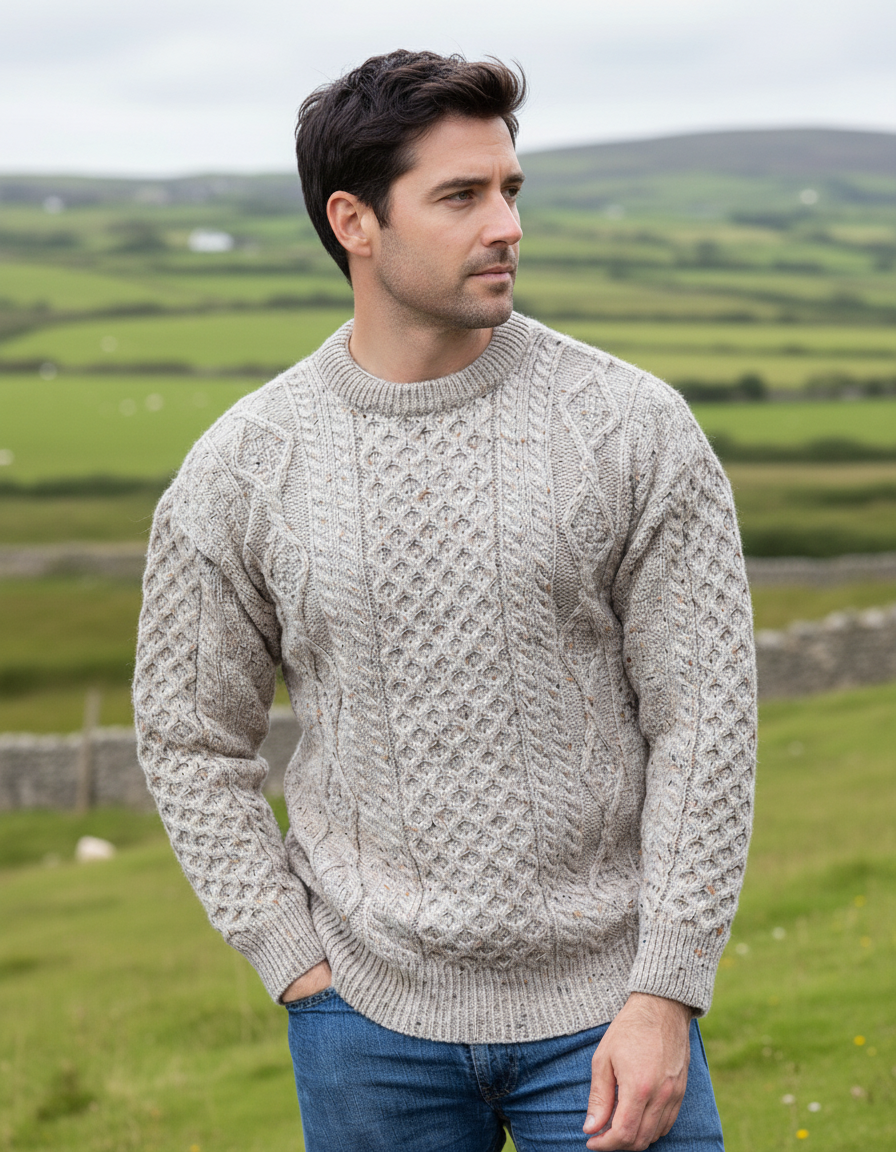 Pure Wool Unisex Aran Sweater Oatmeal Fleck