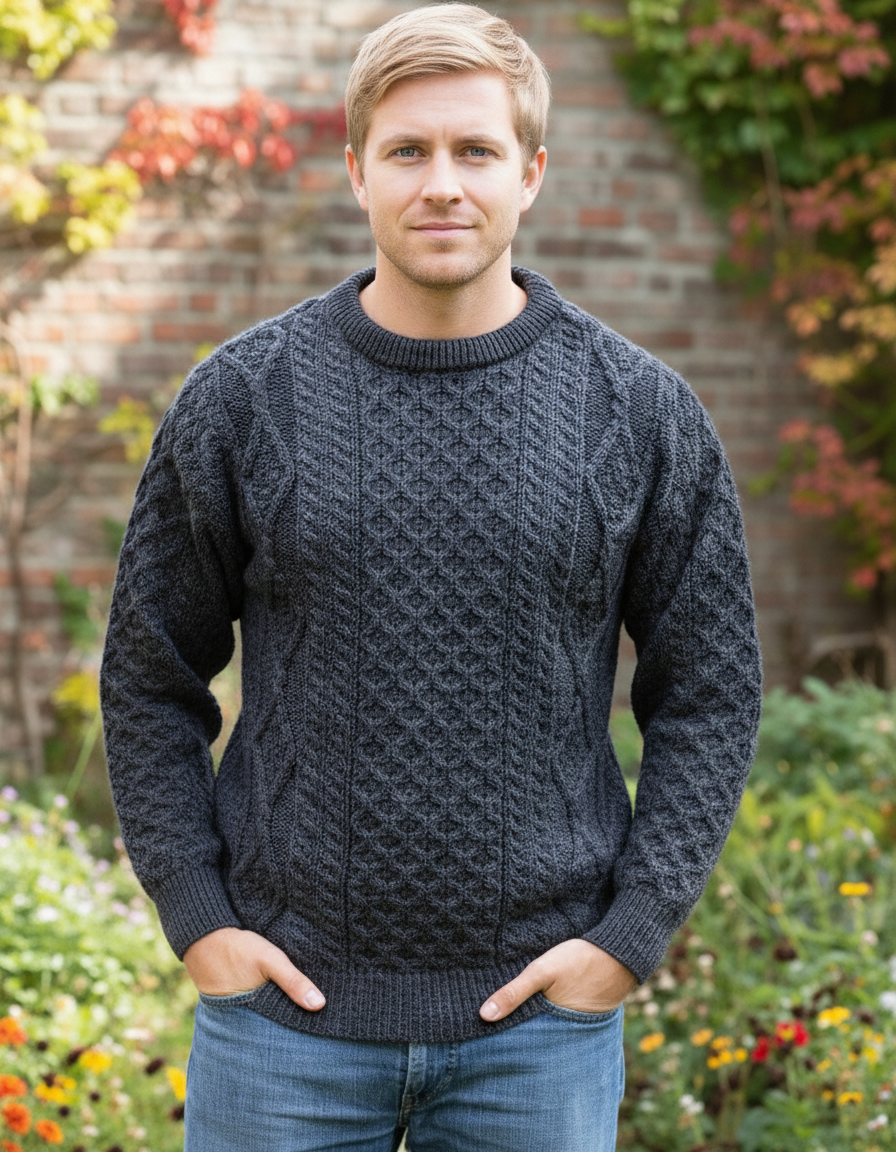 Man wearing a dark blue knitted sweater standing outdoors with a brick wall and plants in the background