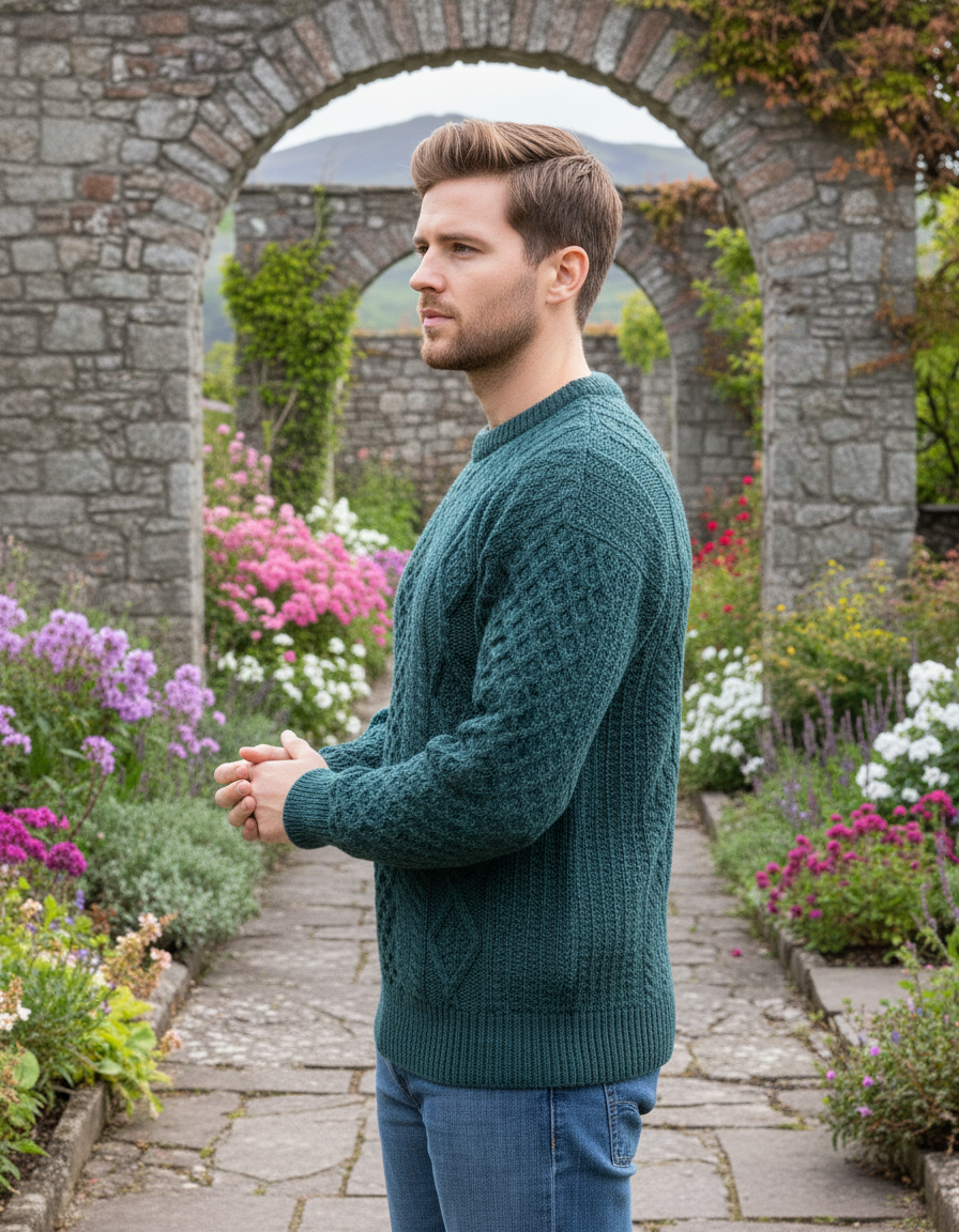 Pure Wool Aran Sweater Moss Green - Unisex