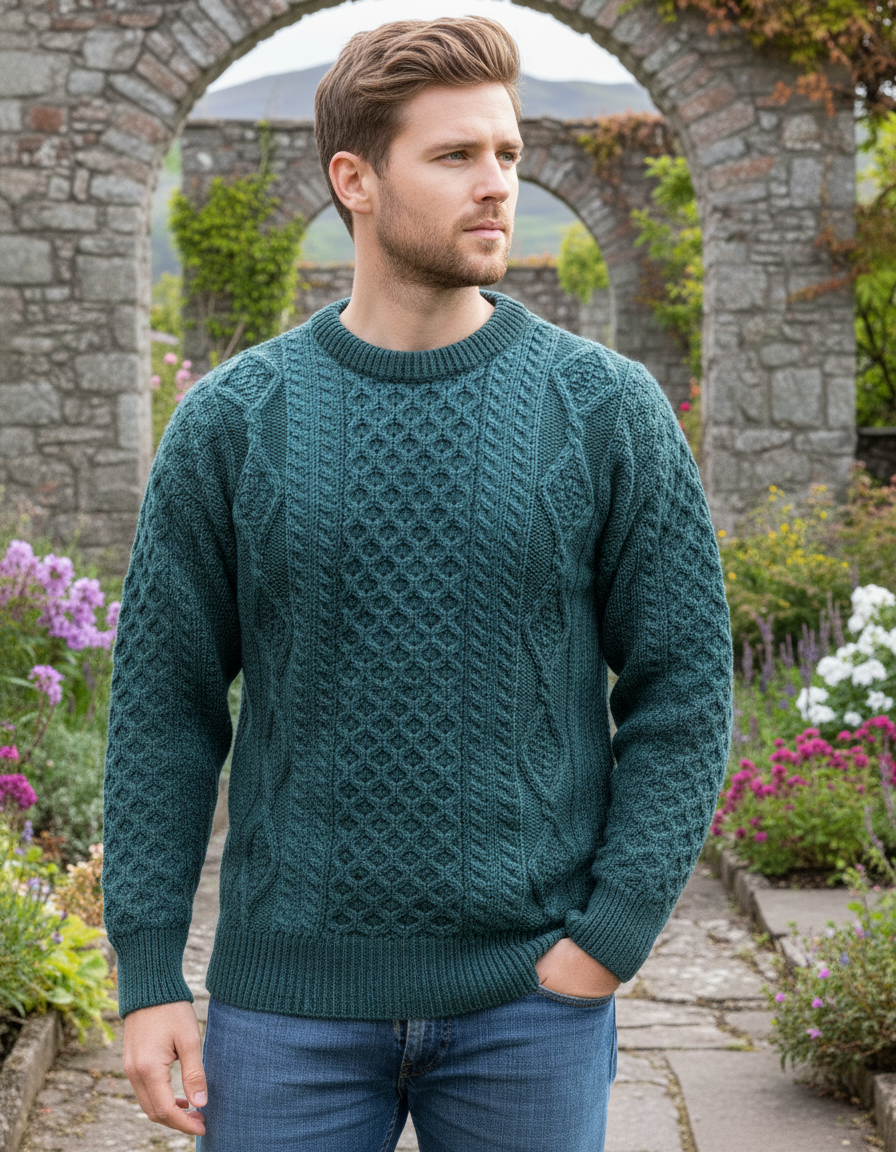 Pure Wool Aran Sweater Moss Green - Unisex