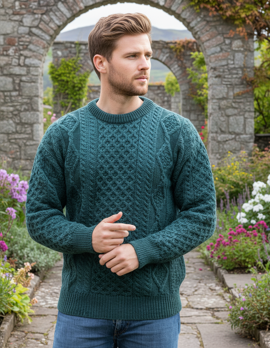 Pure Wool Aran Sweater Moss Green - Unisex