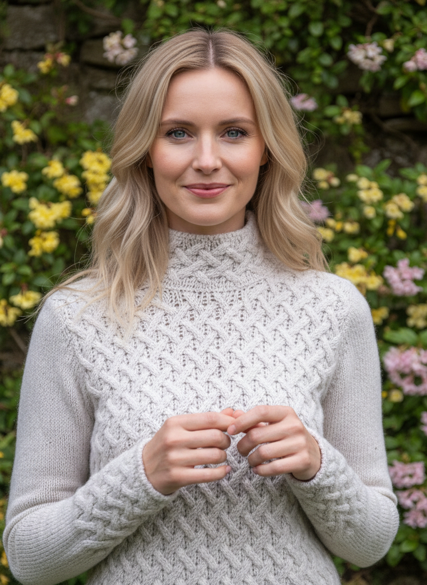 Woman wearing a textured sweater in front of a floral background