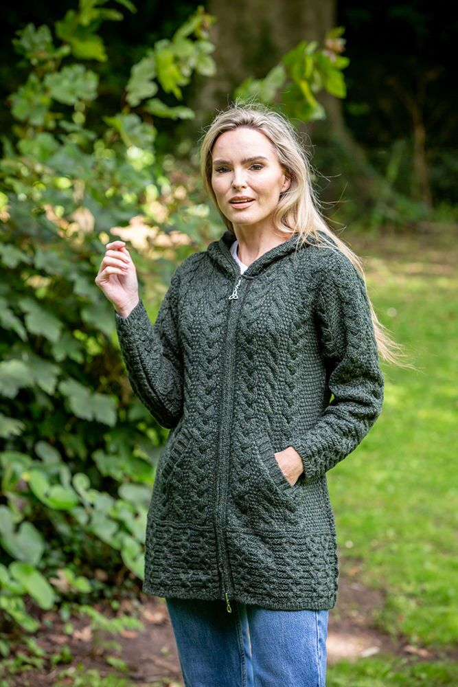 Irish Aran Hooded Coat Army Green