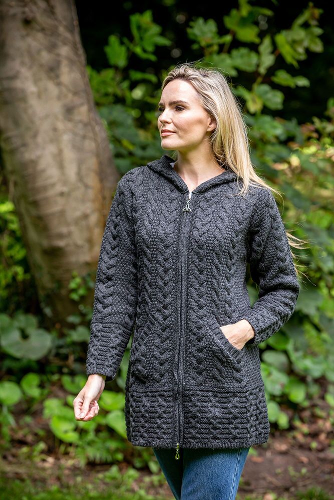 Irish Aran Hooded Coat Charcoal
