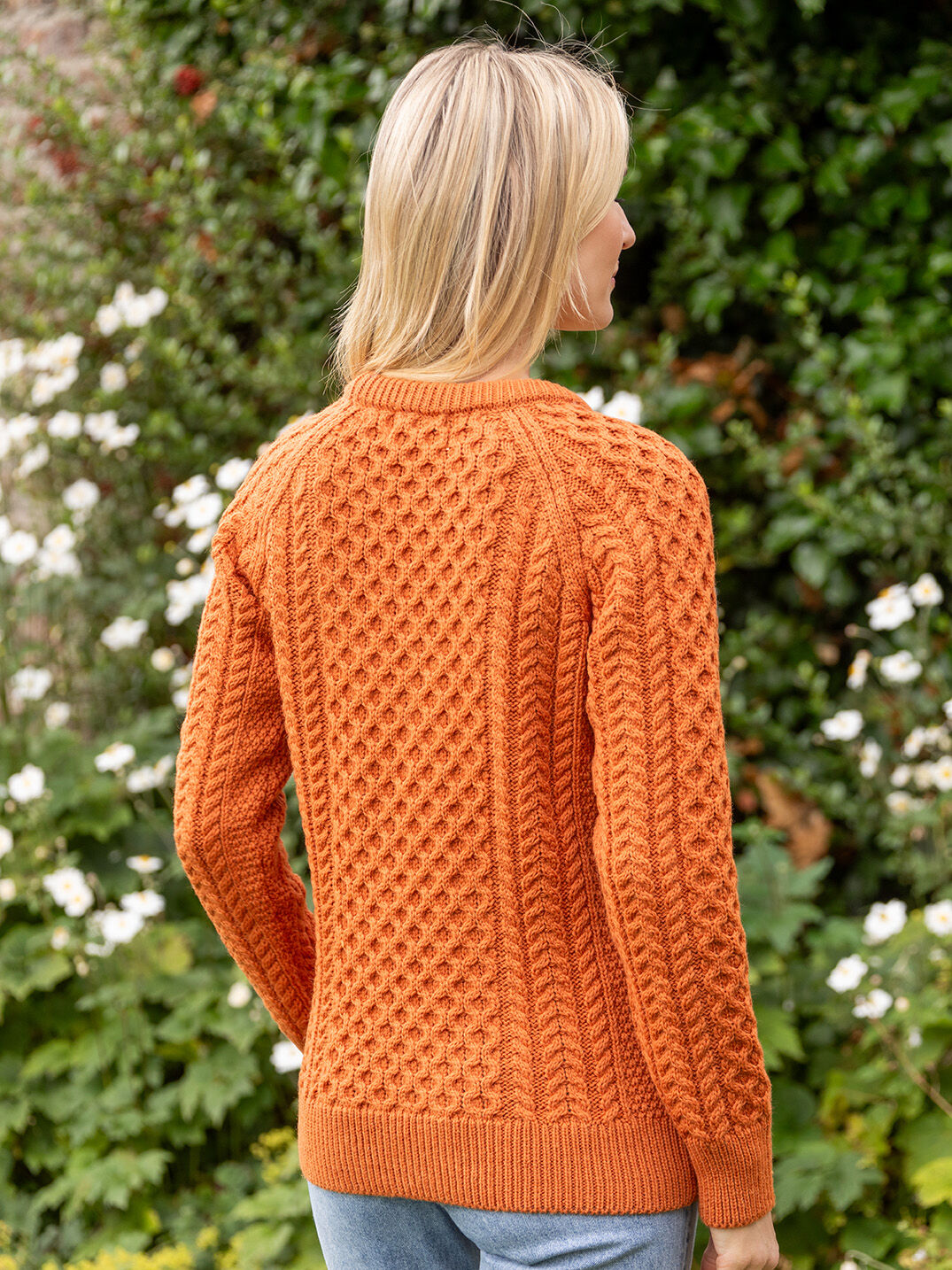 Ladies Merino Wool Aran Sweater - Orange