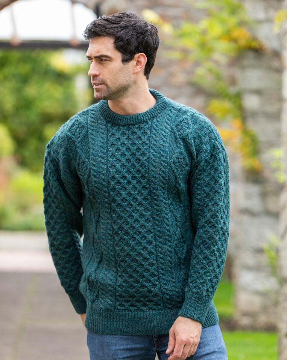 Pure Wool Aran Sweater Moss Green - Unisex
