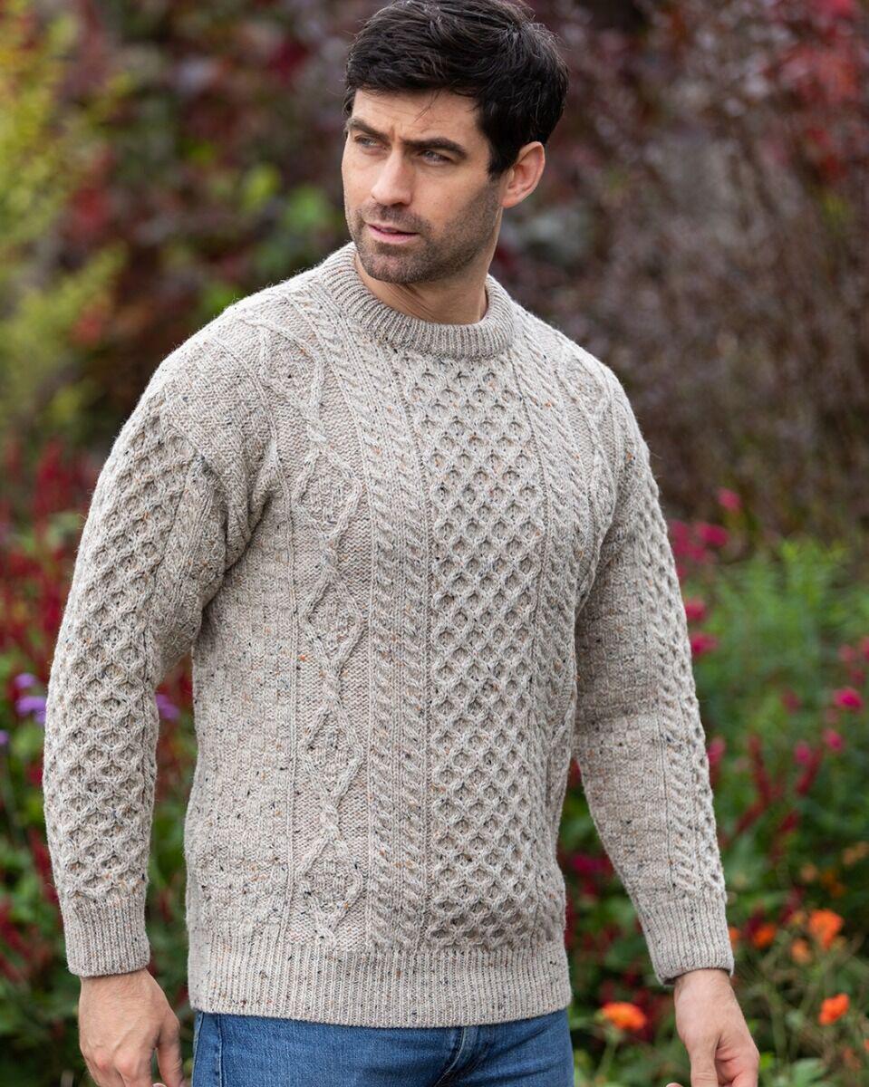 Pure Wool Unisex Aran Sweater Oatmeal Fleck