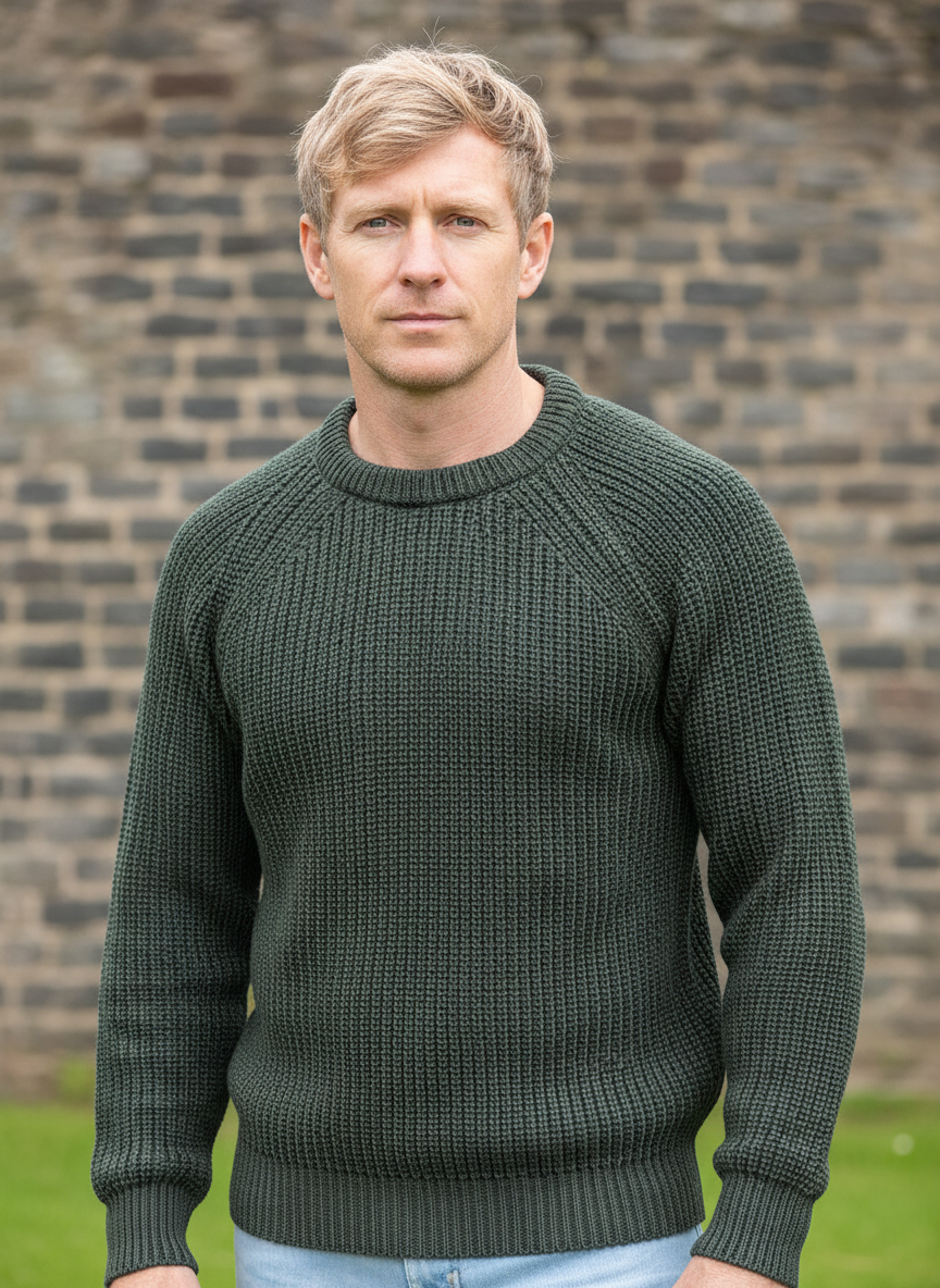 Man wearing a green sweater standing in front of a brick wall.