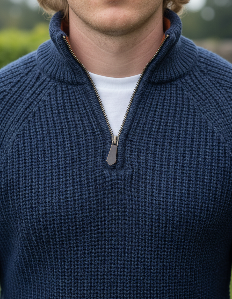 Men's half zip ribbed sweater Deep Water Blue