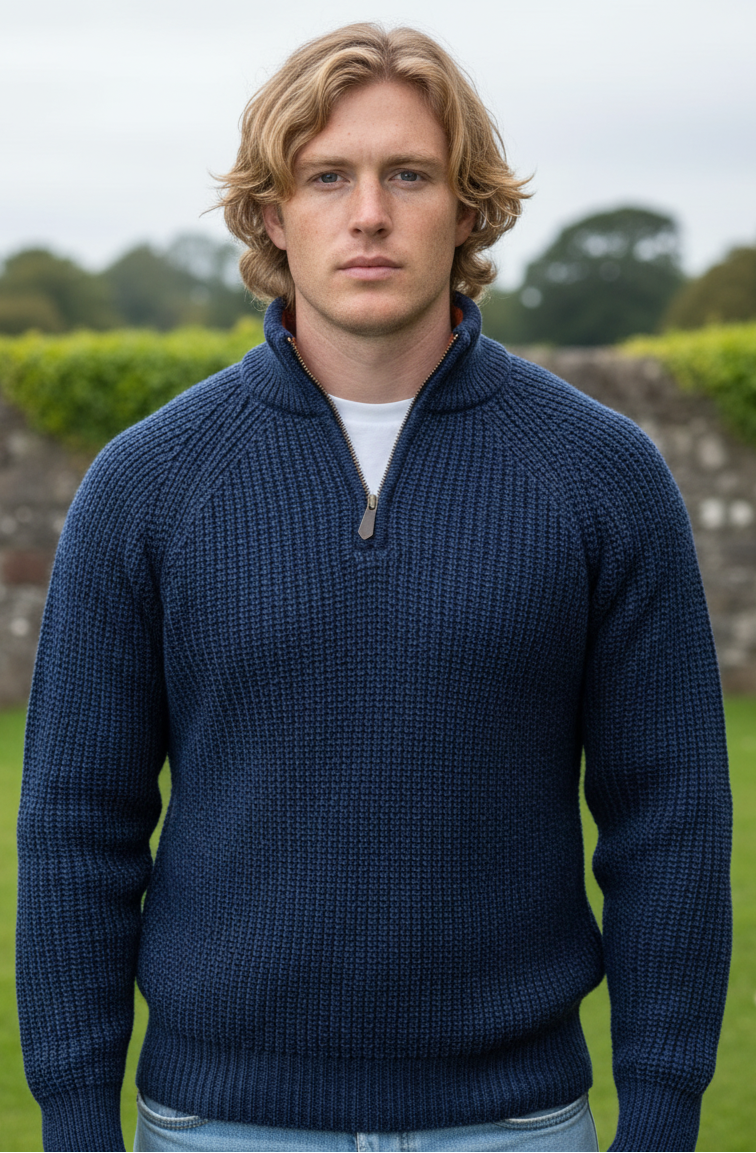 Men's half zip ribbed sweater Deep Water Blue