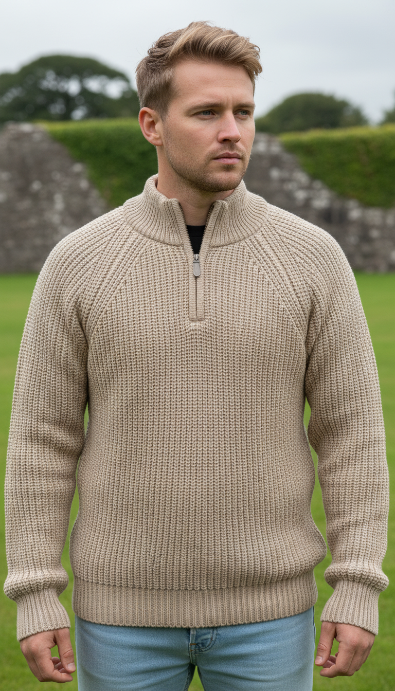 Men's half zip ribbed sweater Camel