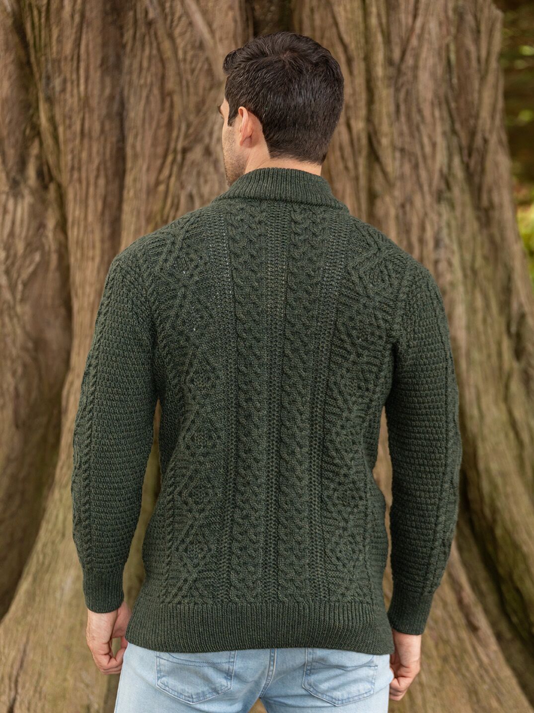 Full Zip Mens Aran Cardigan - Army Green