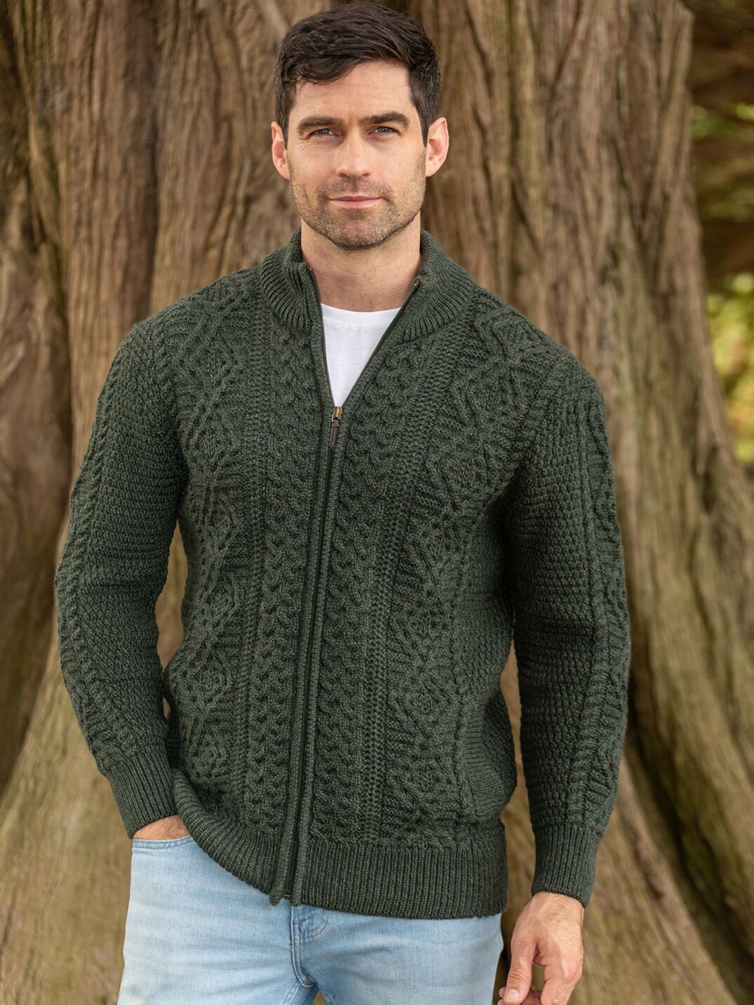 Full Zip Mens Aran Cardigan - Army Green
