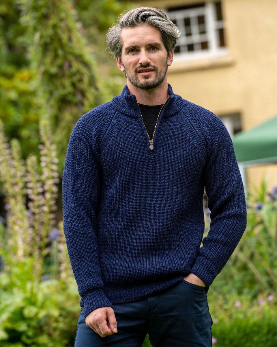 Men's half zip ribbed sweater Deep Water Blue